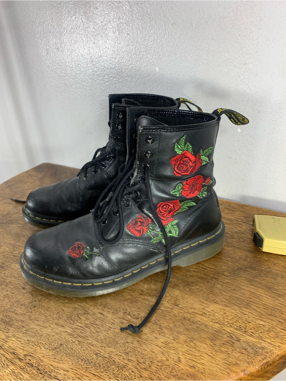 Dr Martens lace up rose embroidered leather boots